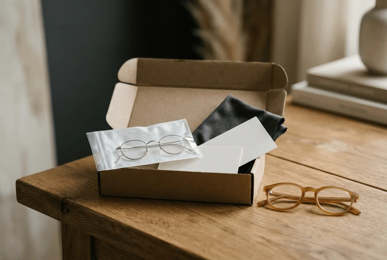 Opened shipping box with a prescription insert frame, cloth, and blank cards beside display glasses