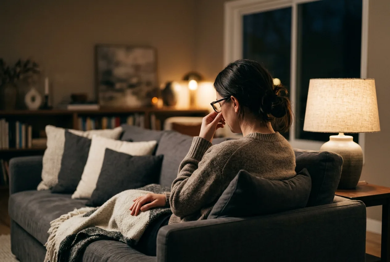 Person seen from behind on a sofa pinching the bridge of their nose beneath display glasses