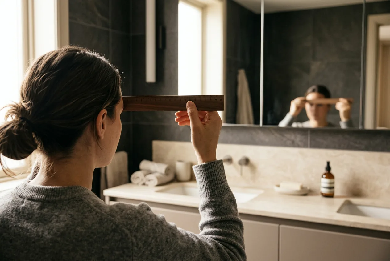 Person seen from behind holding a millimeter ruler against their brow facing a mirror