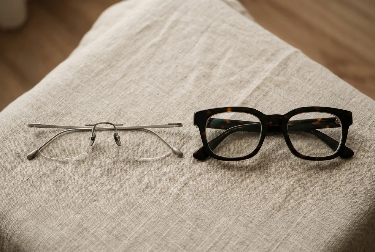 Slim rimless eyeglass frame beside a thick deep acetate frame on linen