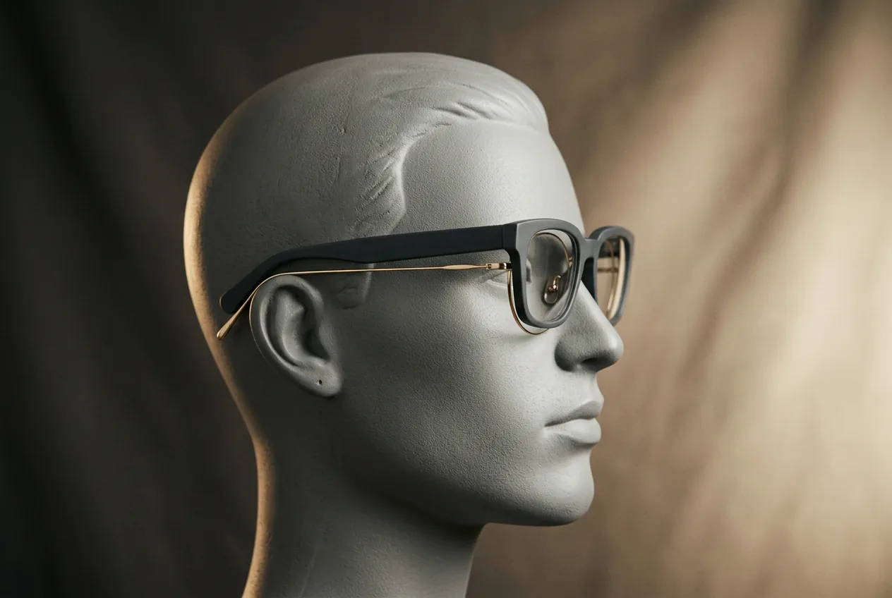 Mannequin head in side profile wearing slim eyeglasses with display glasses stacked over them