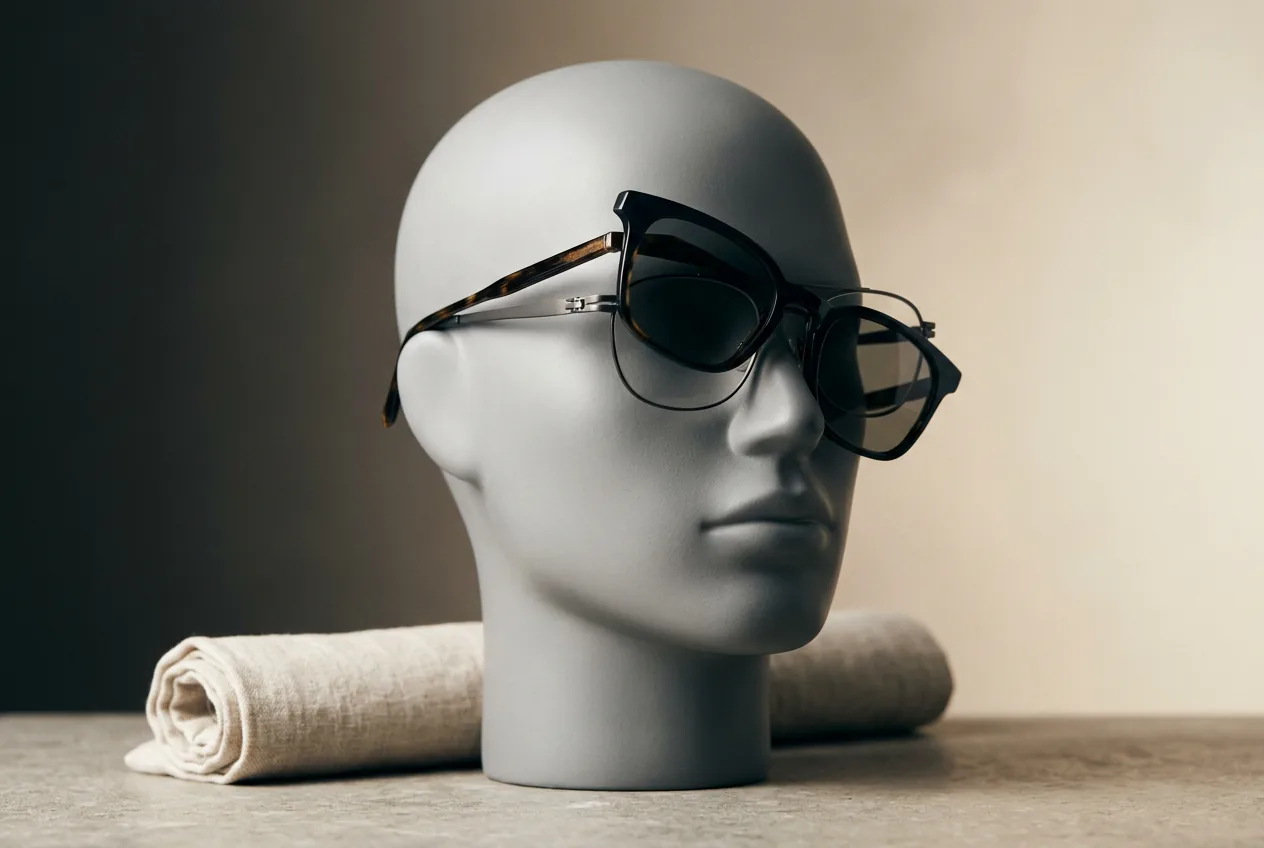 Mannequin head with the outer pair of stacked glasses tilted askew and sliding