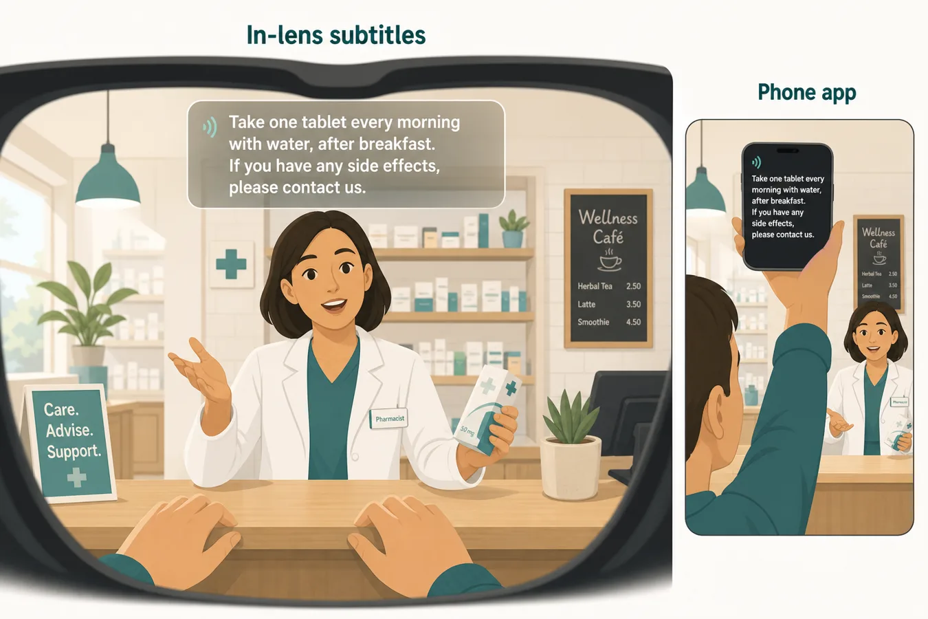 First-person view through smart glasses showing live translation subtitles floating above a pharmacy counter, beside a phone held up showing the same captions