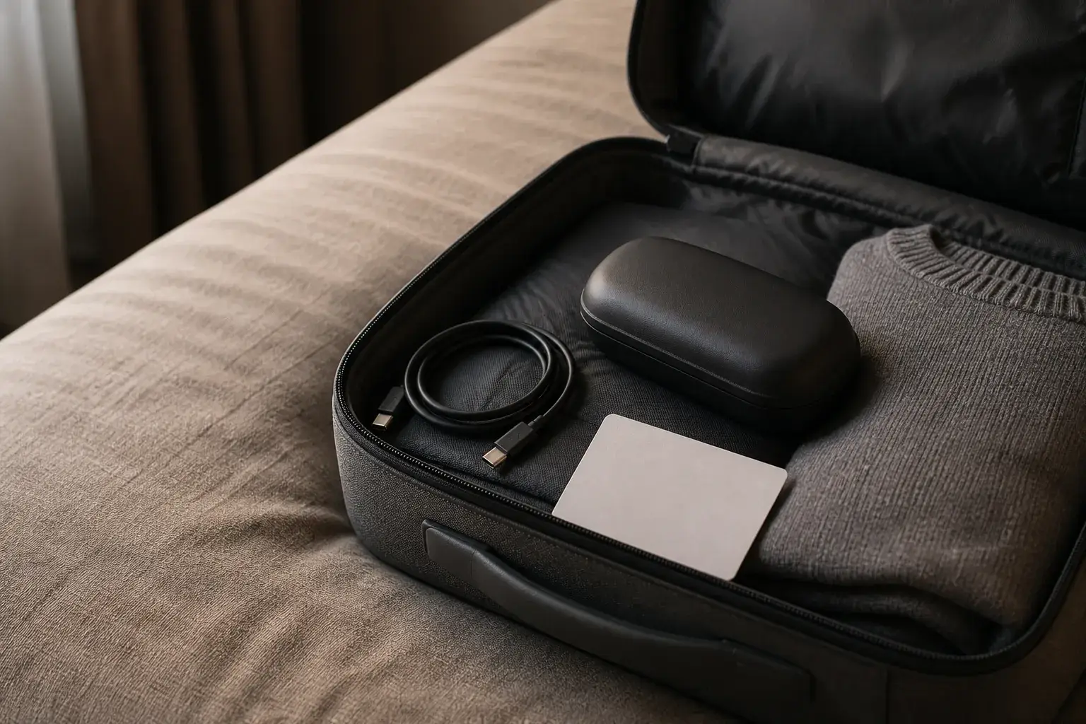 A tidy carry-on bag with an unbranded glasses case and USB-C cable
