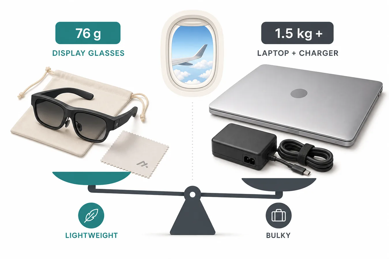 Weight comparison: 76 g display glasses versus a 1.5 kg laptop and charger
