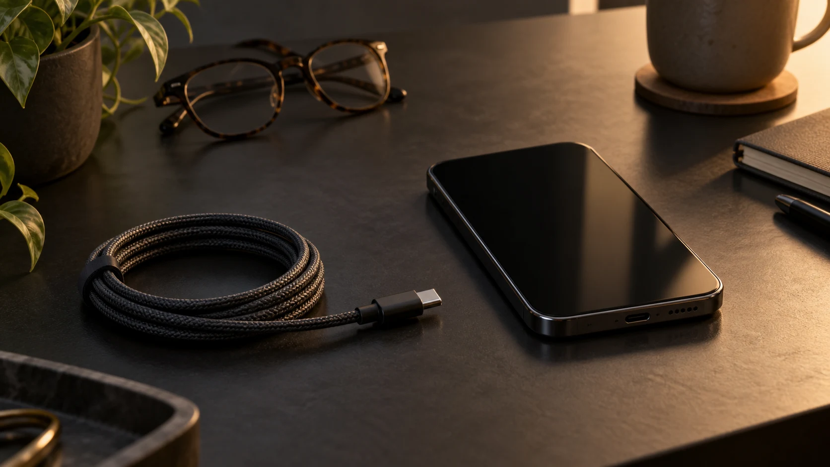 A USB-C cable and display glasses beside a disconnected phone