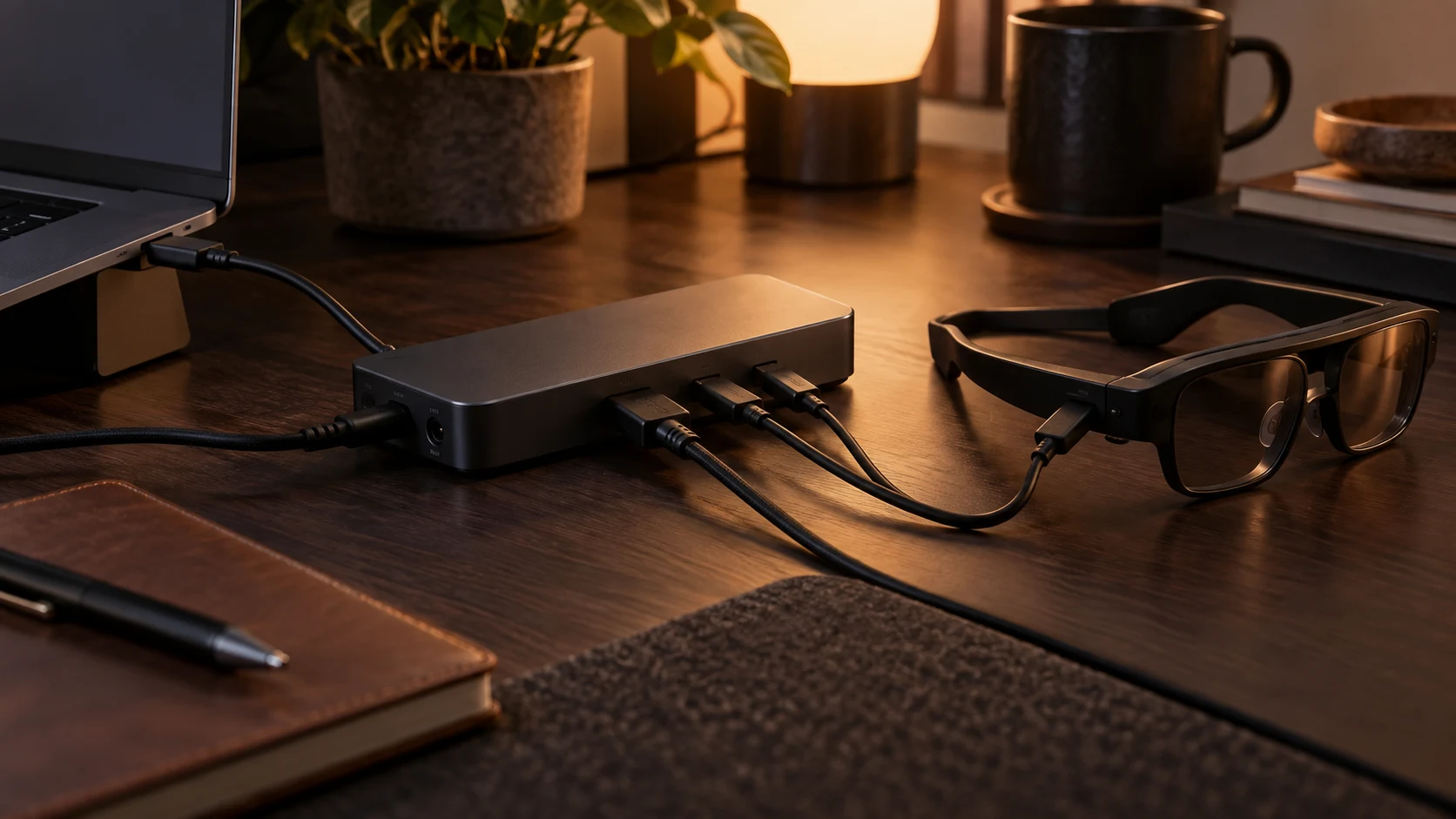 A powered hub driving display glasses on a desk
