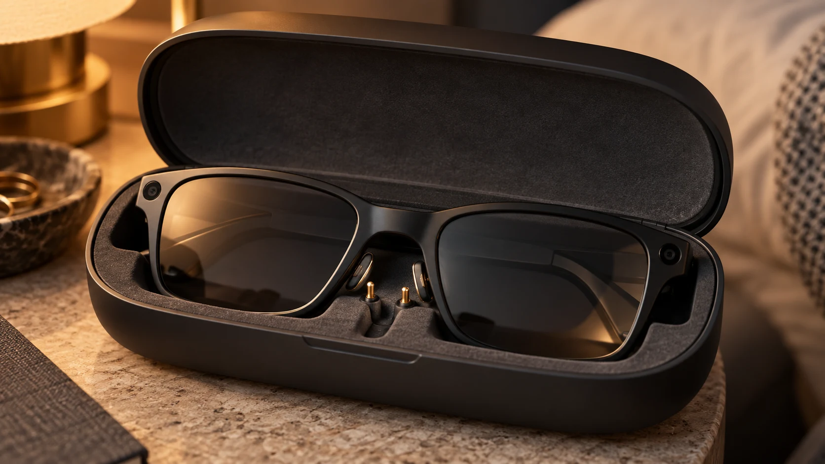 Glasses seated in a charging case at the contact points