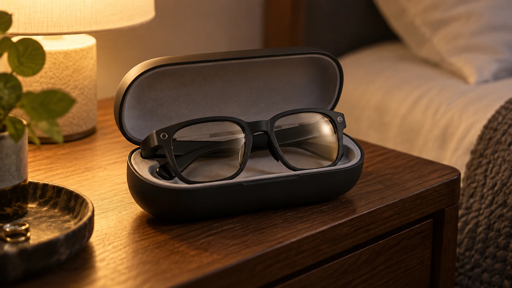 Glasses resting on an open charging case in warm light