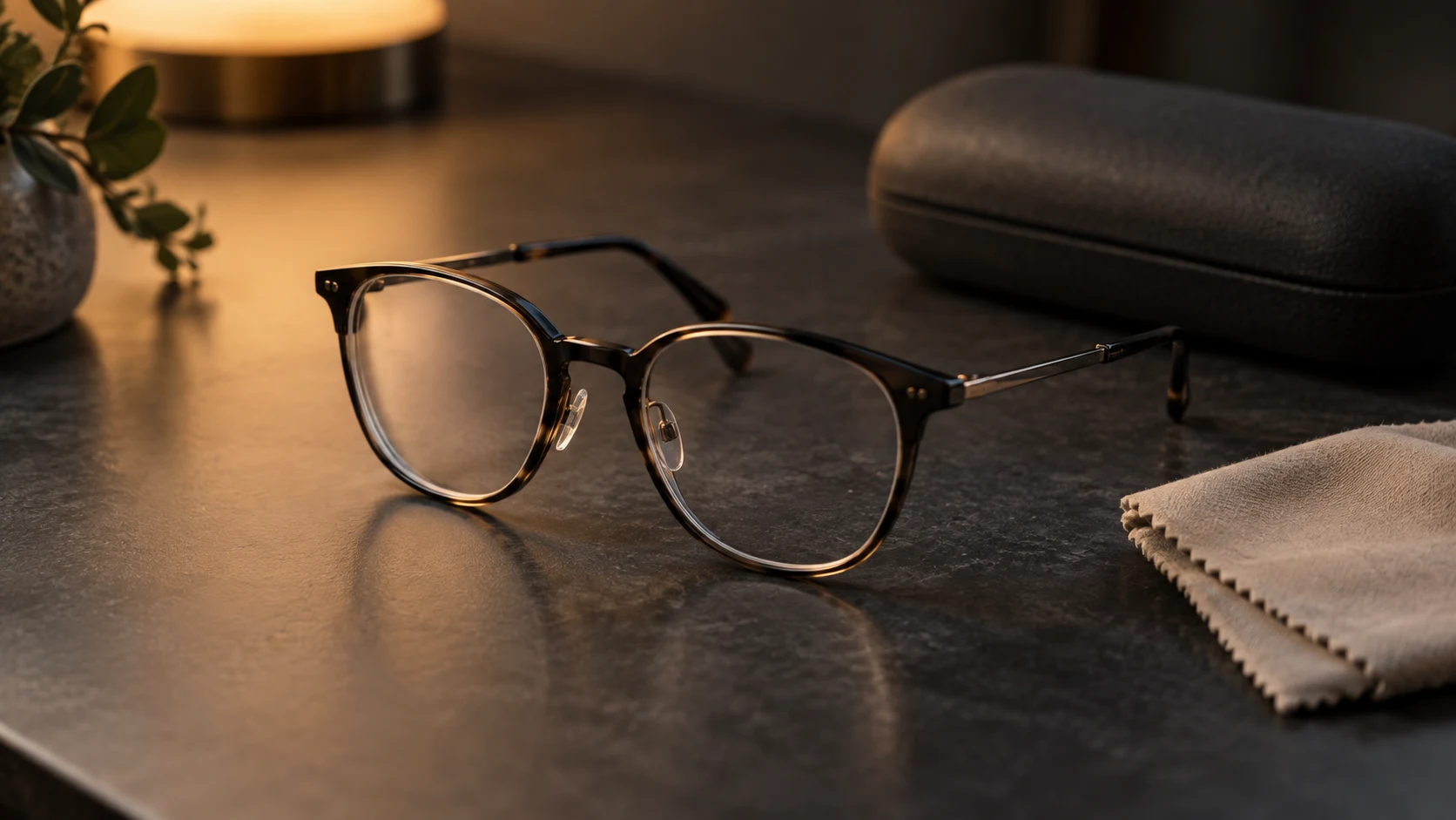 Display glasses on a dim desk with a cleaning cloth, the lens edge softly out of focus