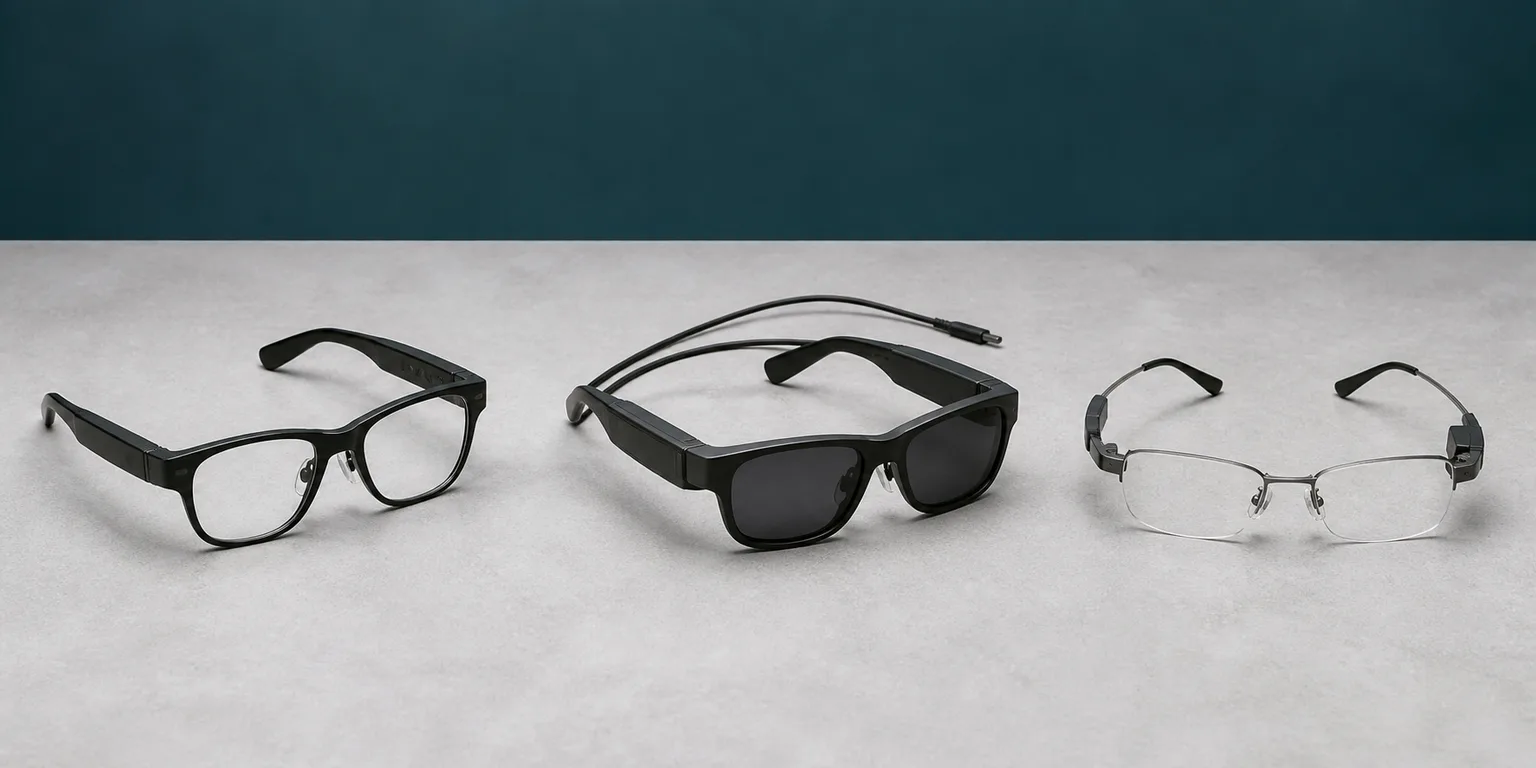 Three illustrative categories of smart glasses: clear-lens AI glasses, wired display glasses, and a thin HUD pair