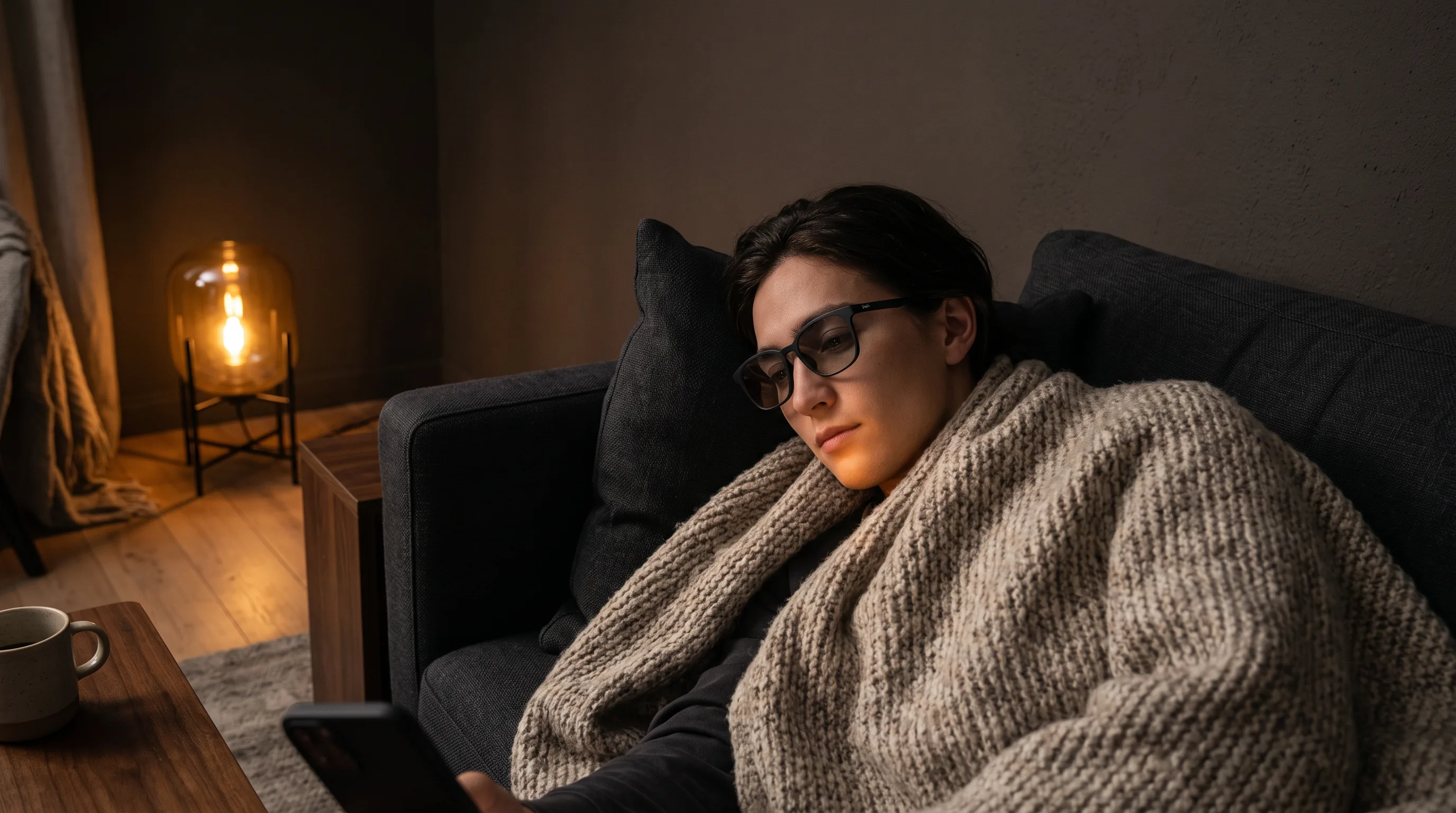 Person under a blanket on a couch wearing glasses in a dark TV-less living room