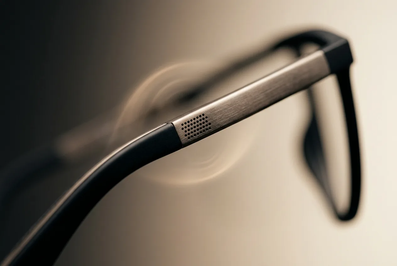 Macro of the micro-perforated speaker grille on a display glasses temple arm