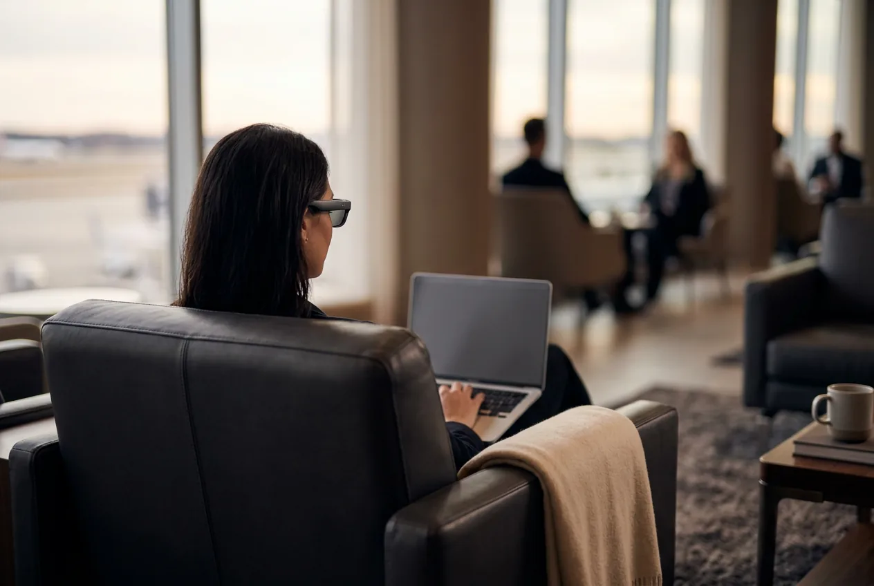 Professional in an airport lounge wearing display glasses with a laptop, travelers blurred behind