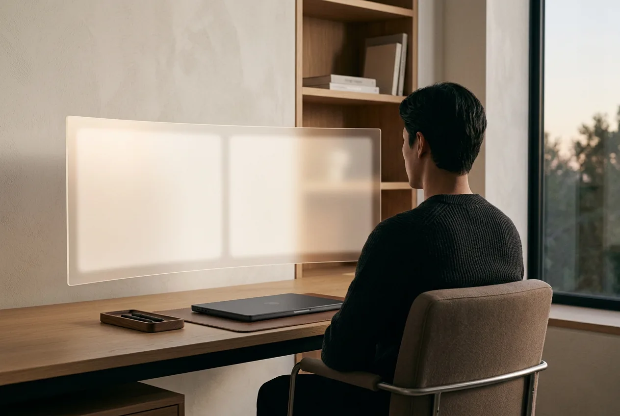 Person at a desk facing one huge curved glowing translucent widescreen panel
