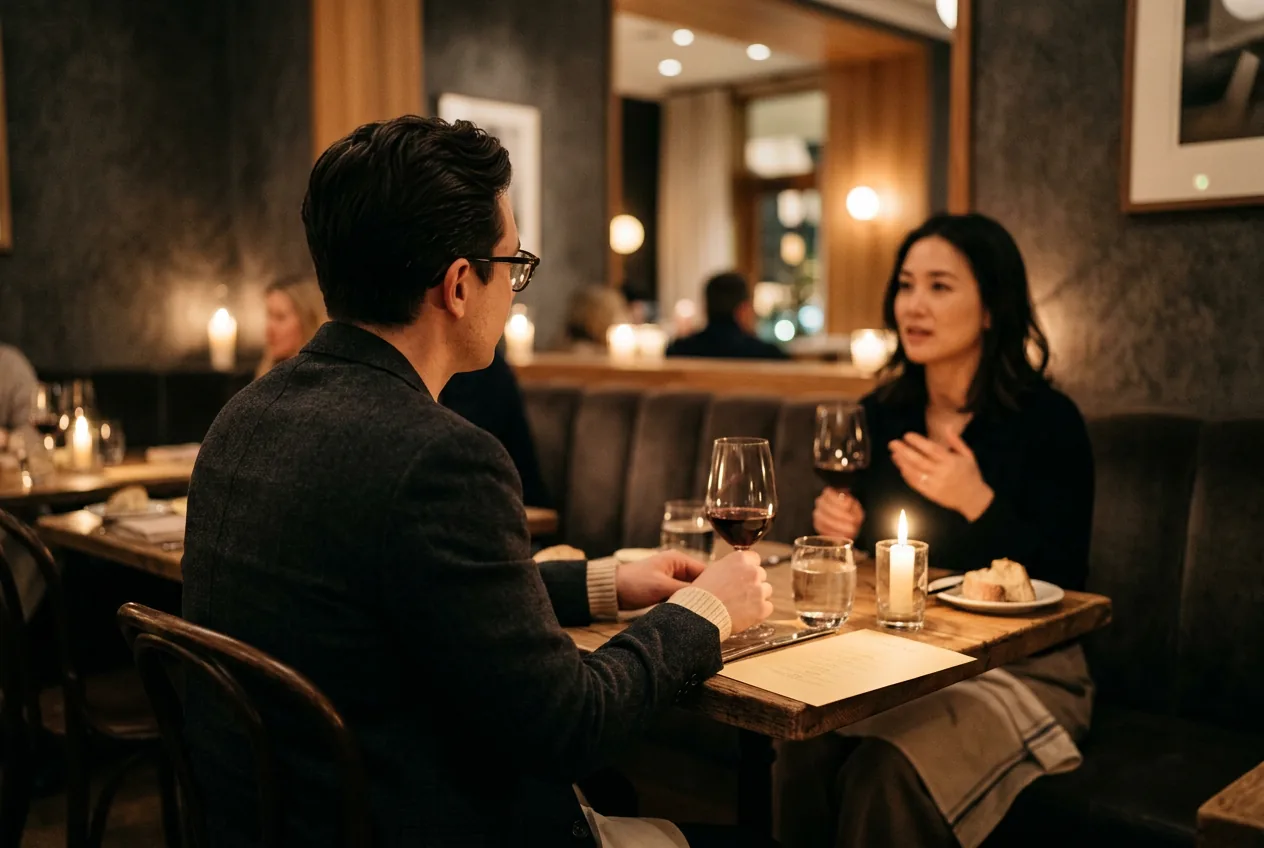Two people at a candlelit bistro table, the near one wearing glasses and listening