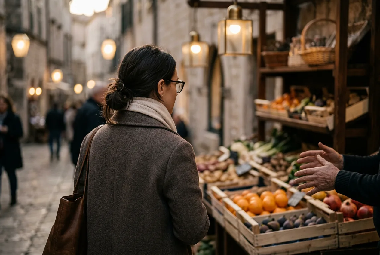 Traveler wearing camera glasses listening at a blurred outdoor market stall at golden hour
