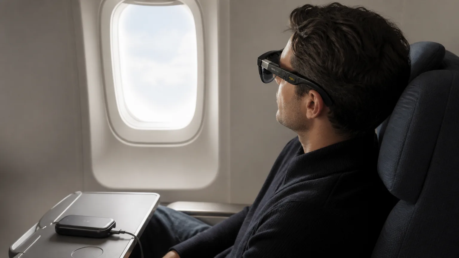 Reference-based editorial view of a traveler using XREAL One glasses at an airplane window seat